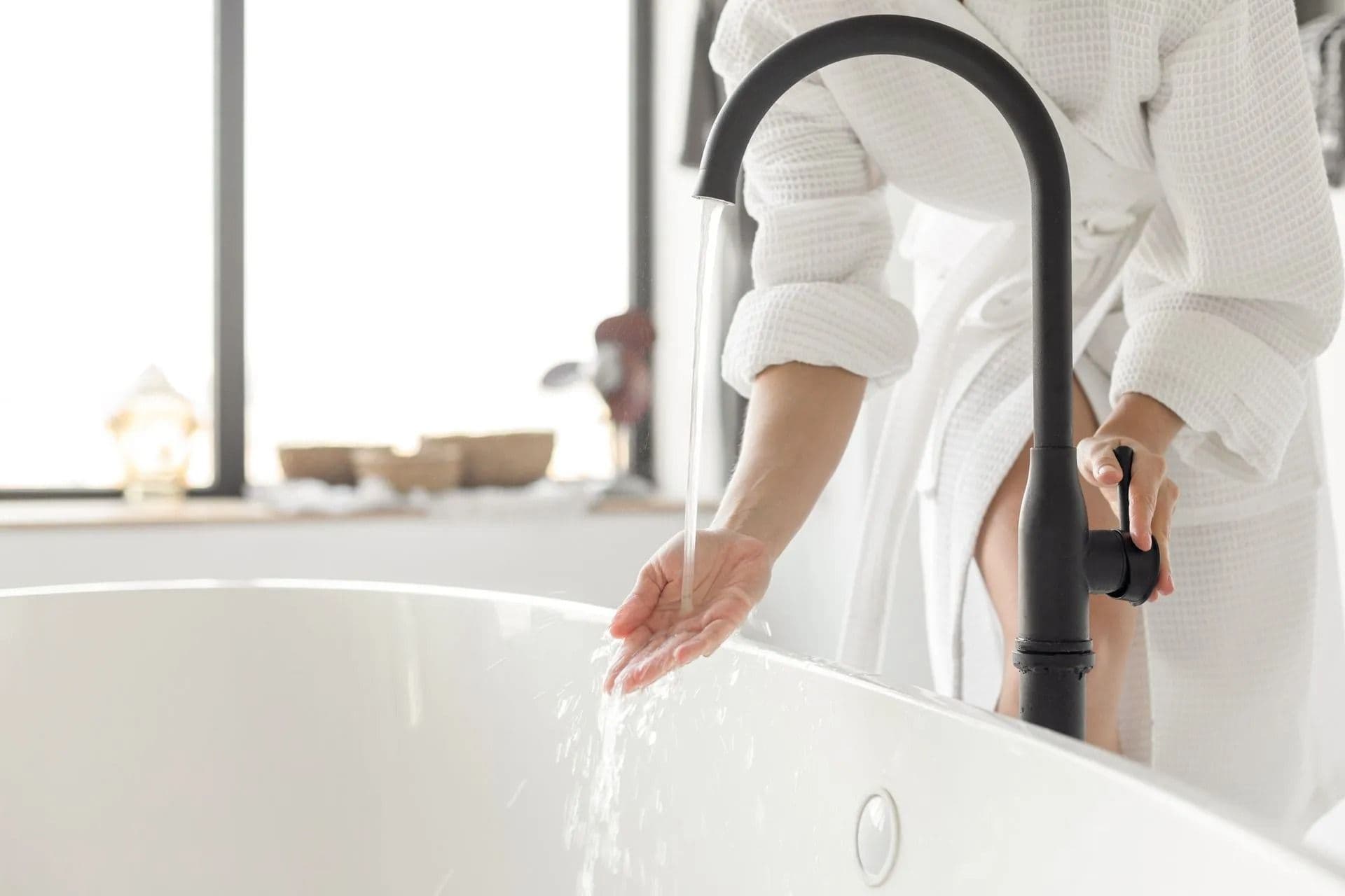 Modern freestanding bathtub being filled with water from a matte black tub faucet while a person in a white bathrobe tests the water with their hand.