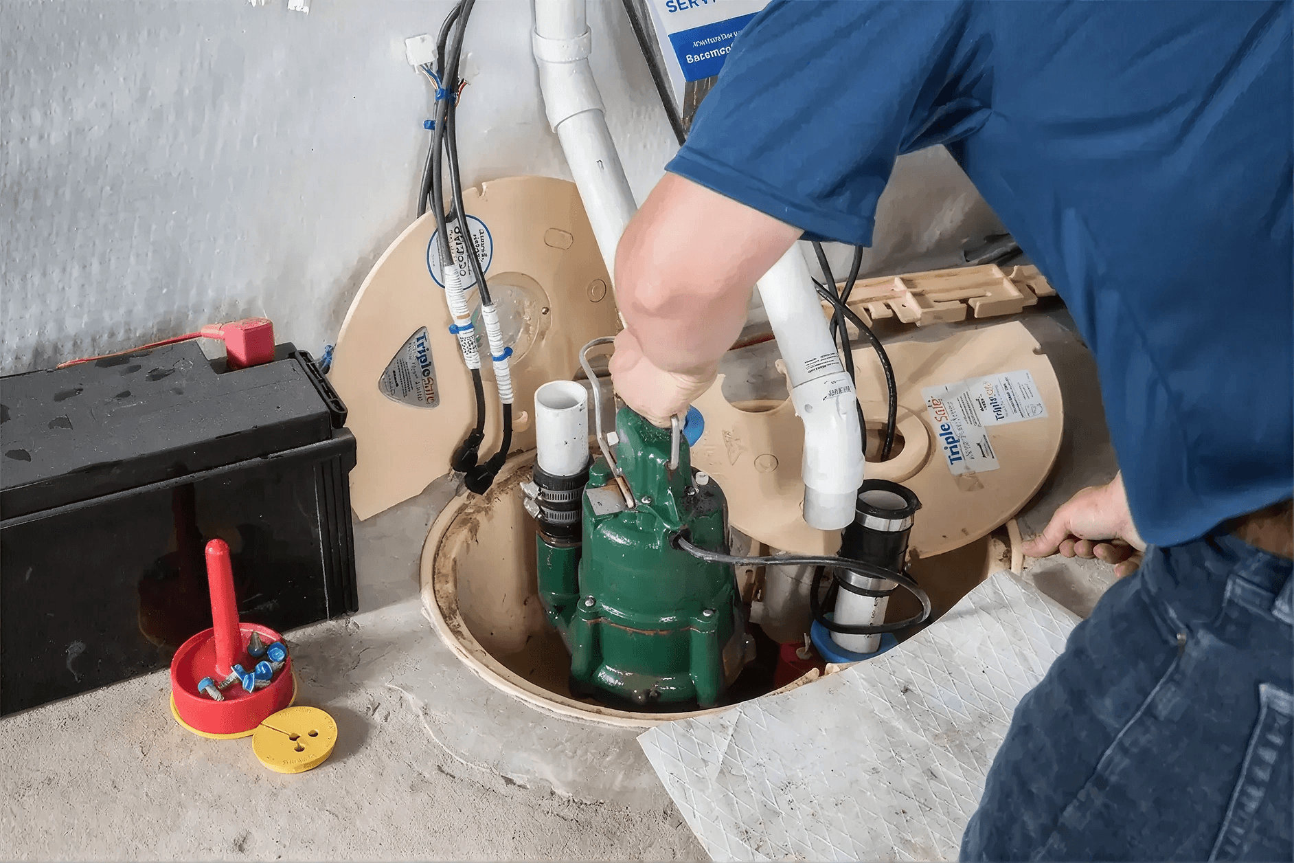 Technician servicing a residential sump pump system inside a basement sump pit, inspecting the pump, float switch, discharge piping, and backup battery components to help protect the home from flooding.